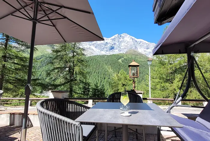 Ausblick von der Terrasse mit einem Cocktail auf den Wald und die Berge 