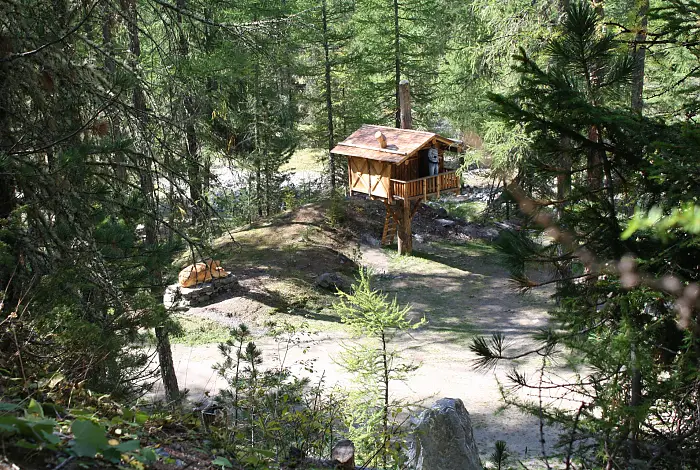 Baumhaus im Wald an einem Wanderweg